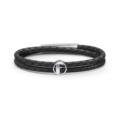 Jewlr Men's Leather Sterling Silver Round "f" Initial Bracelet In Black