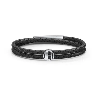 Jewlr Men's Leather Sterling Silver Round "h" Initial Bracelet In Black