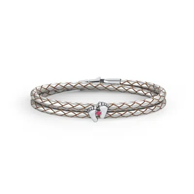 Jewlr Sterling Silver Baby Feet Leather Bracelet With Birthstone In Pink