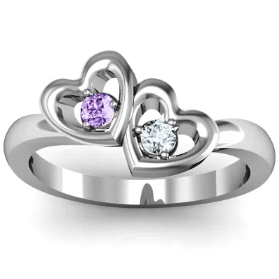 Jewlr Twin Hearts Birthstone Ring In Silver