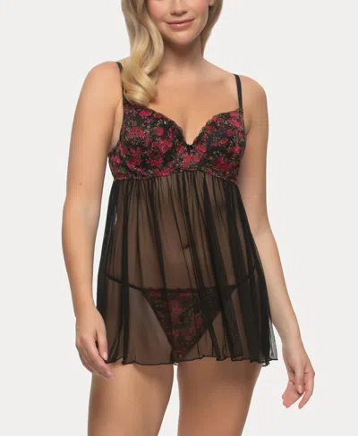 Jezebel Women's Besame Lace And Mesh Babydoll Set In Ruby Blooms