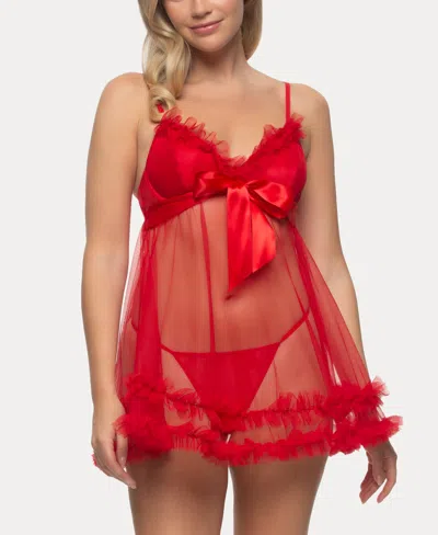 Jezebel Women's Veil Tulle Ruffle Babydoll Set In Tango Red