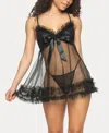 Jezebel Women's Veil Tulle Ruffle Babydoll Set In Black