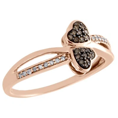 Pre-owned Jfl Diamonds & Timepieces 10k Rose Gold Brown Diamond Bypass Heart Ring Ladies Statement Band 0.10 Ct. In White, Brown