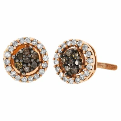 Pre-owned Jfl Diamonds & Timepieces 10k Rose Gold Brown Diamond Flower Studs Halo Cluster 7mm Earrings 0.25 Ct. In White