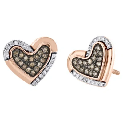 Pre-owned Jfl Diamonds & Timepieces 10k Rose Gold Brown Diamond Heart Spae Sutds 11mm Ladies Pave Earrings 1/4 Ct. In White