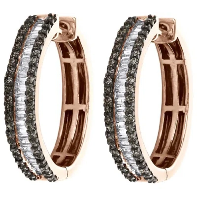 Pre-owned Jfl Diamonds & Timepieces 10k Rose Gold Round & Baguette Brown Diamond Tiered Hoop / Huggie Earrings 1 Ct. In White, Brown