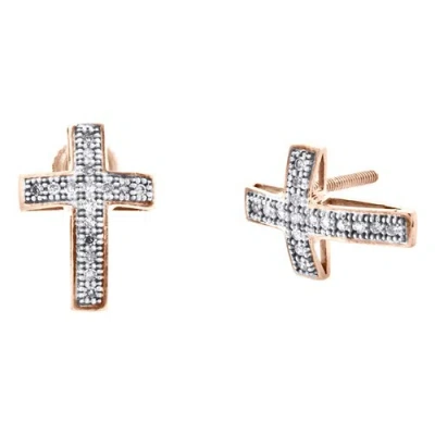 Pre-owned Jfl Diamonds & Timepieces 10k Rose Gold Round Diamond Cross Frame Fancy Stud 12mm Pave Earrings 1/10 Ct. In White
