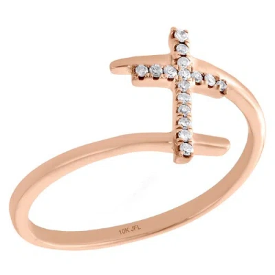 Pre-owned Jfl Diamonds & Timepieces 10k Rose Gold Round Diamond Sideways Cross Right Hand Fashion Ring 1/12 Ct. In White