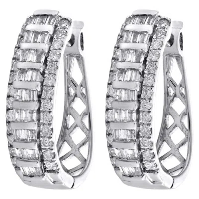 Pre-owned Jfl Diamonds & Timepieces 10k White Gold Tapered Baguette Diamond Oval Hinged Hoop Dome Earrings 1 Ct.