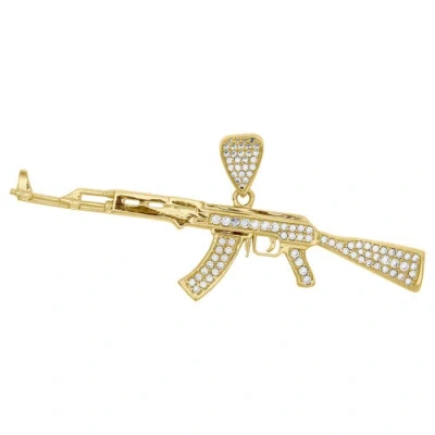 Pre-owned Jfl Diamonds & Timepieces 10k Yellow Gold Cubic Zirconia Ak-12 Machine Gun Rifle Pendnat Cz Charm 1.15" In White