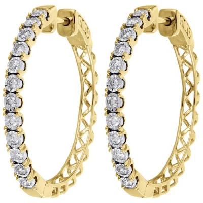 Pre-owned Jfl Diamonds & Timepieces 10k Yellow Gold Diamond One Row Bezel Set 1.10" Hoops Huggie Earrings 1/2 Ct. In White