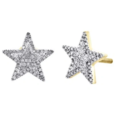 Pre-owned Jfl Diamonds & Timepieces 10k Yellow Gold Diamond Star Studs 11mm Double Halo Frame Pave Earrings 1/4 Ct. In White