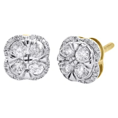 Pre-owned Jfl Diamonds & Timepieces 10k Yellow Gold Genuine Diamond Studs 8mm Square Cluster Halo Earring 0.59 Ct. In White