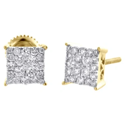 Pre-owned Jfl Diamonds & Timepieces 10k Yellow Gold Real Diamond Sqaure Cluster 4 Prong Studs 6.5mm Earrings 1/2 Ct. In White