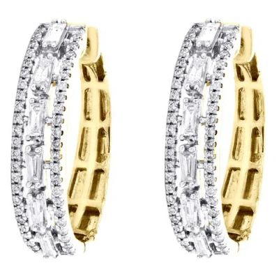 Pre-owned Jfl Diamonds & Timepieces 10k Yellow Gold Round & Baguette Cut Diamond Hoop 0.95" Prong Set Earrings 1 Ct. In White
