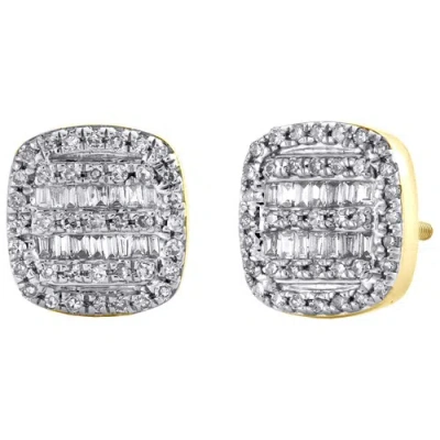 Pre-owned Jfl Diamonds & Timepieces 10k Yellow Gold Round & Baguette Diamond Cushion Frame Earrings 9mm Stud 1/3 Ct. In White