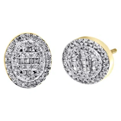 Pre-owned Jfl Diamonds & Timepieces 10k Yellow Gold Round & Baguette Diamond Oval Frame Earrings 11mm Stud 3/8 Ct. In White
