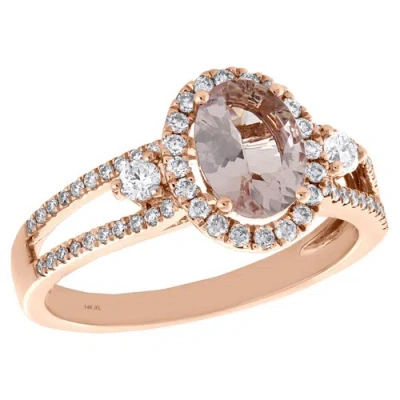 Pre-owned Jfl Diamonds & Timepieces 14k Rose Gold Diamond & Oval Morganite Split Shank Halo Engagement Ring 1.37 Tcw In White, Pink