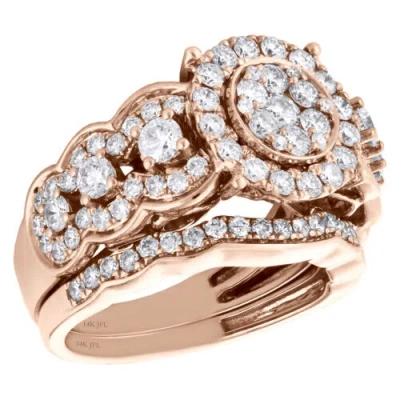 Pre-owned Jfl Diamonds & Timepieces 14k Rose Gold Diamond Flower Engagement Ring + Wedding Band Bridal Set 2 Ct. In White
