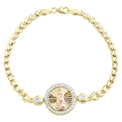 Pre-owned Jfl Diamonds & Timepieces 14k Tri Color Gold Fancy Link Mother Mary 17mm Id Fluted Cz Bracelet 7.25" In White
