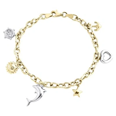 Pre-owned Jfl Diamonds & Timepieces 14k Two Tone Gold Rolo Link Dolphin Heart Sun Anchor Charm 5mm Bracelet 7.50"