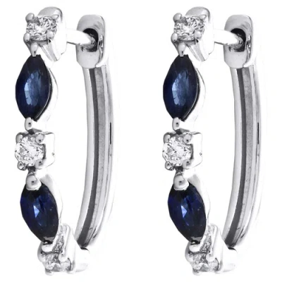 Pre-owned Jfl Diamonds & Timepieces 14k White Gold Marquise Blue Sapphire Diamond Hoop 0.60" Cocktail Earring 3/7 Ct In White, Blue