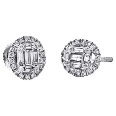 Pre-owned Jfl Diamonds & Timepieces 14k White Gold Round & Baguette Cut Diamond Oval Stud 8mm Fancy Earrings 3/8 Ct.