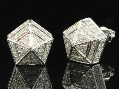 Pre-owned Jfl Diamonds & Timepieces Diamond 3d Pentagon Earrings 10k White Gold Round Pave Studs 0.60 Tcw.