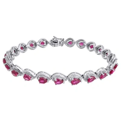 Pre-owned Jfl Diamonds & Timepieces Diamond & Sterling Silver Bracelet Lab Created Gemstone Pear Shape Ruby 5.84 Tcw In White ; Pink