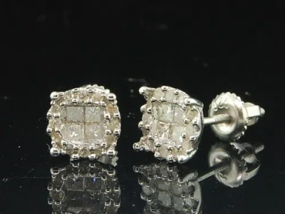 Pre-owned Jfl Diamonds & Timepieces Diamond Earrings .925 Sterling Silver Princess Round Halo Design Studs 0.60 Tcw In White