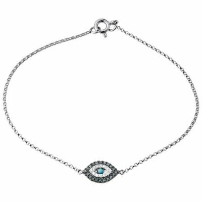 Pre-owned Jfl Diamonds & Timepieces Diamond Evil Eye Bracelet 7 Inch Ladies 14k White Gold Rolo Chain Link 0.12 Ct. In White & Blue
