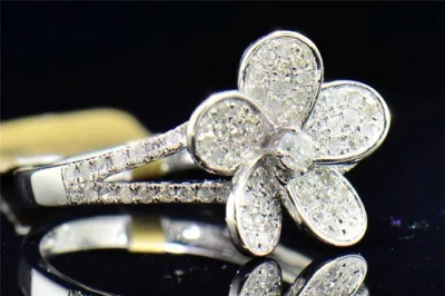 Pre-owned Jfl Diamonds & Timepieces Diamond Flower Cocktail Ring Ladies 10k White Gold Round Pave Fashion 1/2 Tcw.