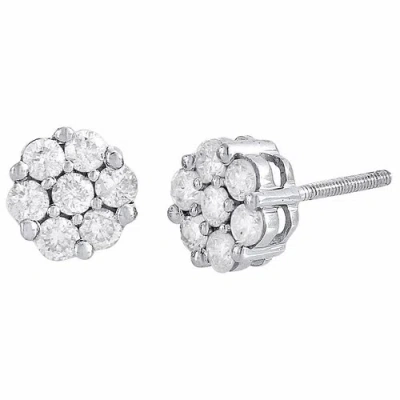 Pre-owned Jfl Diamonds & Timepieces Diamond Flower Earrings 14k White Gold Round Cut Pave Design Studs 3/4 Tcw. In H - I