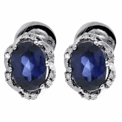 Pre-owned Jfl Diamonds & Timepieces Diamond Oval Created Blue Sapphire Stud Earrings Ladies 10k White Gold 2.50 Tcw In White ; Blue