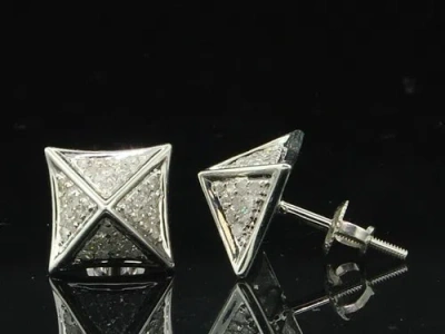 Pre-owned Jfl Diamonds & Timepieces Diamond Pointed Square Studs Mens 10k White Gold Round Pave Earrings 1/2 Tcw.