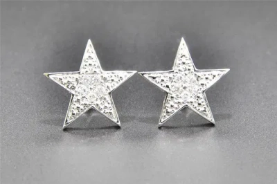 Pre-owned Jfl Diamonds & Timepieces Diamond Star Studs 10k White Gold Uni-sex Round Cut Pave Earrings Puffed 0.14 Ct