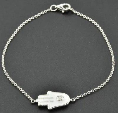Pre-owned Jfl Diamonds & Timepieces Hamsa Hand Diamond Bracelet 14k White Gold Khamsa Palm Shape Amulet White Enamel