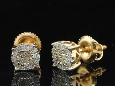 Pre-owned Jfl Diamonds & Timepieces Ladies 14k Yellow Gold Princess Cut Halo Set Diamond Studs Earrings 0.25 Ct. In White