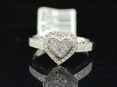 Pre-owned Jfl Diamonds & Timepieces Ladies Rose Gold Love Heart Diamond Pave Set Ring .50ct In White
