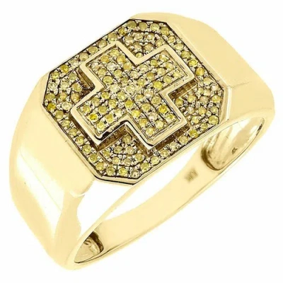 Pre-owned Jfl Diamonds & Timepieces Yellow Diamond Fashion Pinky Ring Mens 10k Gold Round Cross Design 0.22 Ct.