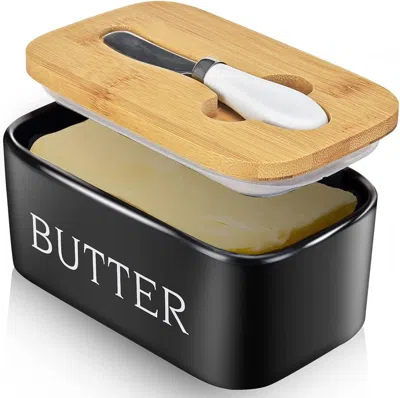 Jhuse Butter Dish With Lid: Large Butter Dish For Countertop - Ceramic Butter Keeper Container With Knife  In Black