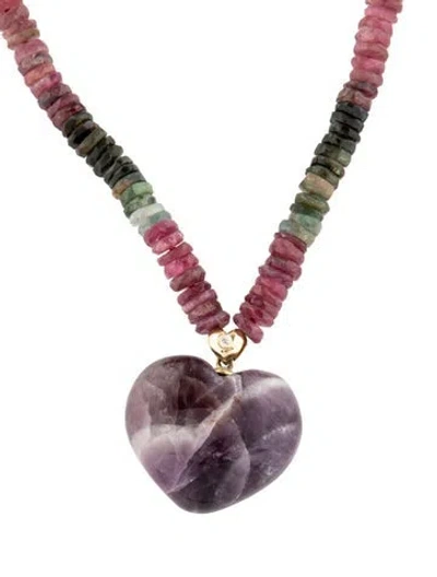 Pre-owned Jia Jia 14k Amethyst Heart, Diamond & Tourmaline Bead Necklace, 18.75" In Multicolor