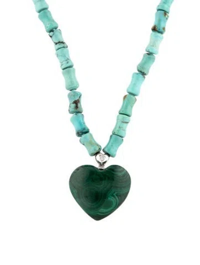 Pre-owned Jia Jia 14k Malachite Heart, Diamond & Turquoise Bead Pendant Necklace, 19.5" In Multicolor