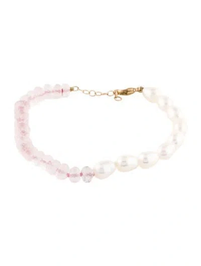 Pre-owned Jia Jia 14k Pearl & Rose Quartz Bead Bracelet, 6.75" In Multicolor
