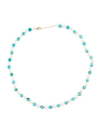 Pre-owned Jia Jia 14k Turquoise & Pearl Bead Necklace, 17.75" In Multicolor