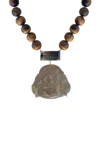 Jia Jia Happy Buddha 14k Yellow Gold Smoky Quartz Tigers Eye Necklace In Brown