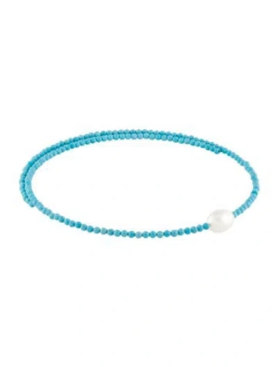 Pre-owned Jia Jia Pearl & Blue Stone Choker Necklace, 18" In Multicolor