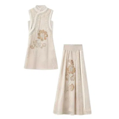 Jiaying Wang Wjy Studio London Neutrals Beige Embroidered Floral Collar Vest & Skirt Co-ord Set In Sand
