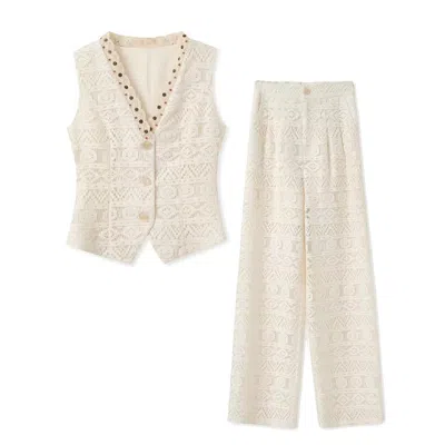 Jiaying Wang Wjy Studio London White Retro Lace Cut Out Top & Trousers Co-ord Set